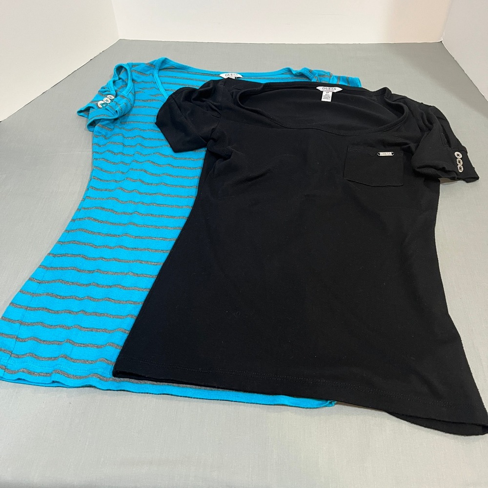 Guess T-Shirt Bundle Womens S Black Blue Striped Cold Shoulder Scoop Neck 2pk